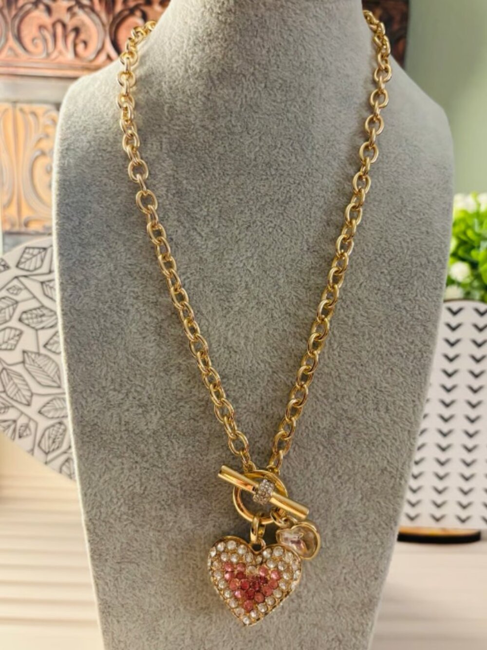 Guess Gold Heart Pendant Necklace with Rhinestones and Charm